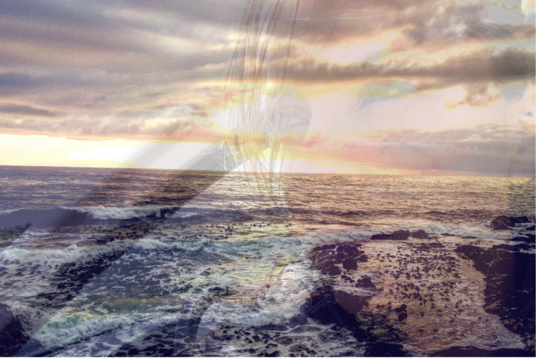 photograph of the ocean and a woman superimposed on to the waves and the sky